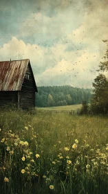 Old tin-roofed barn leans into wildflowers and wandering sky