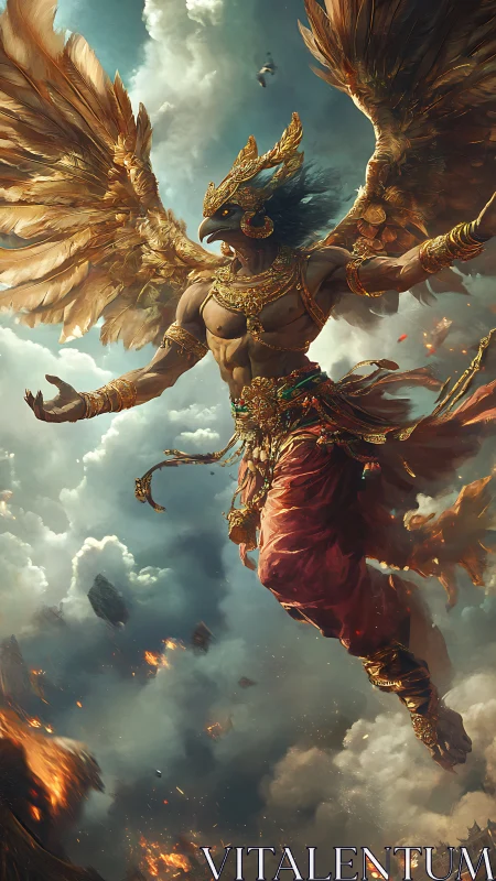 Winged humanoid bird figure hovers amid smoke and fire