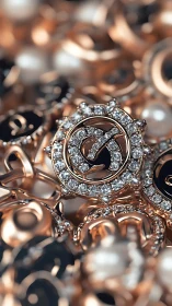 Diamond encrusted gear pendant in rose gold focus.