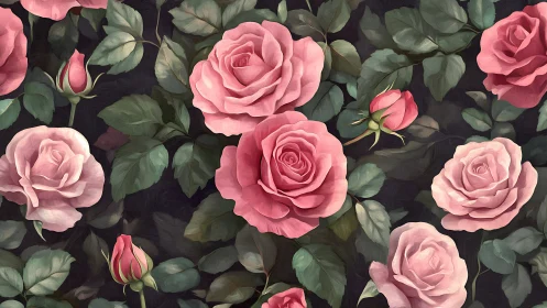 Digital botanical composition featuring pink roses with layered petal structure.
