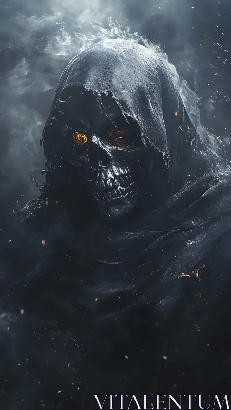 Hooded skeletal figure rendered in dark volumetric lighting