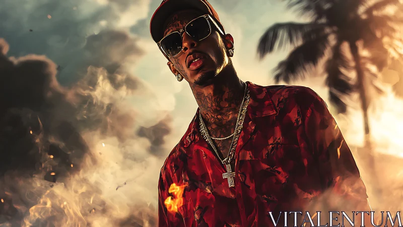 Cinematic portrait of tattooed man in flames and tropical haze