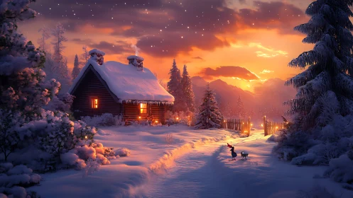 Winter cabin glows warmly beneath a vivid twilight sky