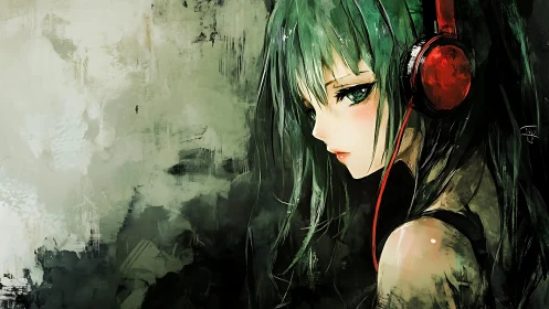 Melancholic green-haired listener in red studio headphones.