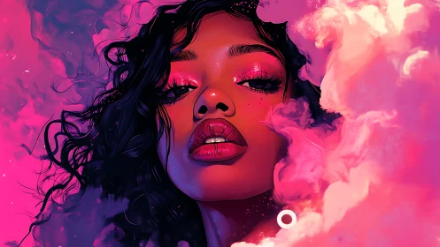 Neon-lit woman portrait emerges through radiant magenta smoke.