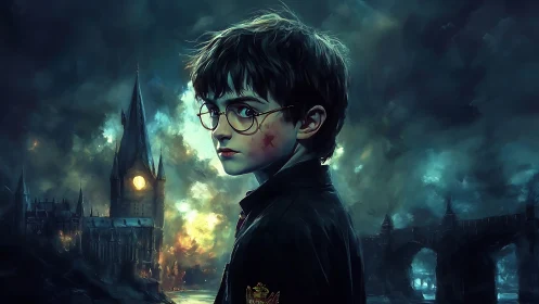 Young wizard portrait in storm-lit gothic fortress scene.