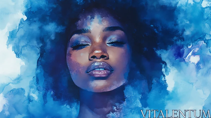 Watercolor portraiture with ethereal blue atmospheric field.