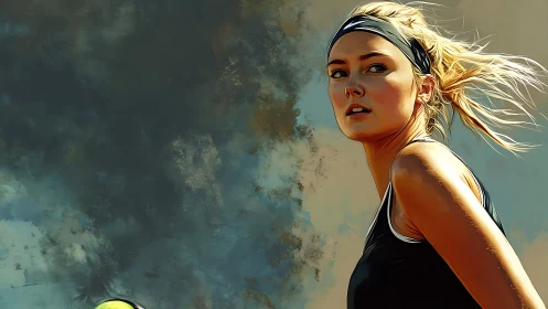 Digital painting portrait of female tennis player in motion.