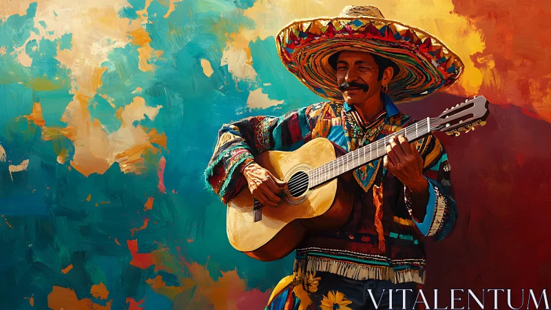 Vibrant Mexican guitarist in traditional textiles, abstract backdrop