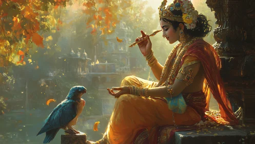 Divine figure with flute in sunlit temple garden beside bird