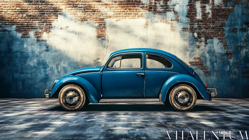 Vintage blue Beetle rests by sunlit weathered wall.