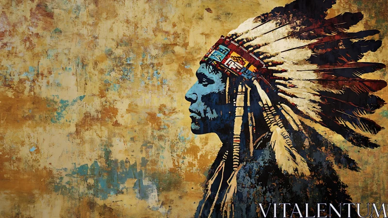 Profile portrait of headdressed figure on textured ground.