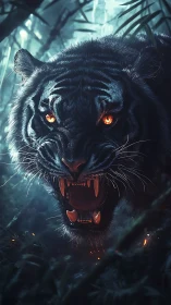 Digital painting of roaring black tiger with infernal gaze.