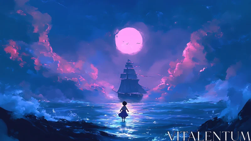 Luminous ocean traverse under magnified moonlit atmosphere.