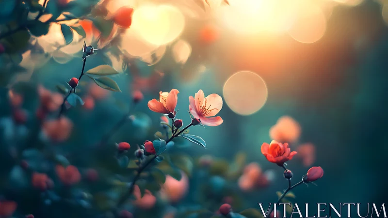 Blossoms sip liquid sunrise in soft bokeh dreamlight.