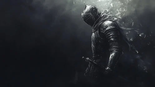 Lone armored knight stands in swirling shadow and ash