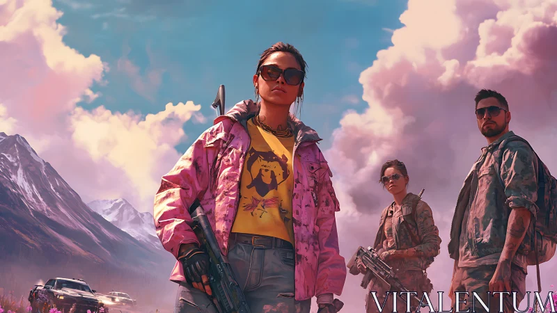 Neon wasteland vanguard strides beneath candy warclouds.