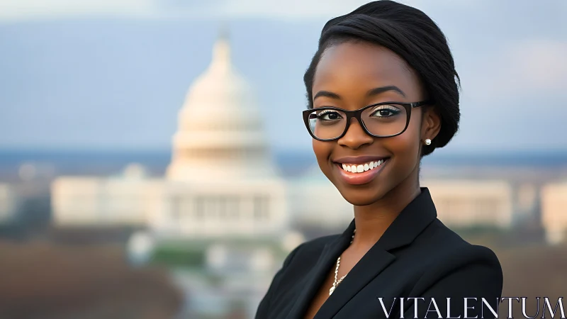 Confident young professional woman in suit with Capitol backdrop.