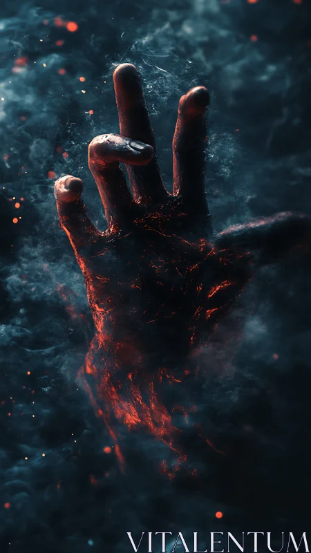Fiery hand reaches through swirling smoke with molten energy