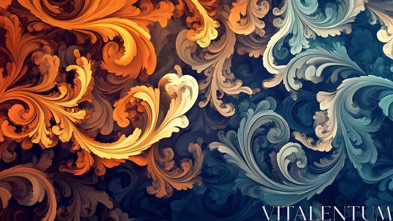 Ornate swirling fractal plumes in warm and cool colors.