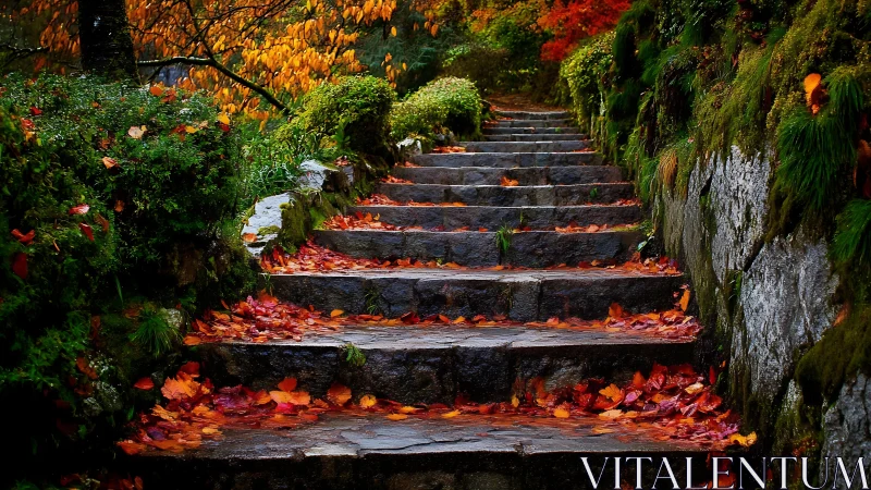 Stone garden steps layered with vivid autumn leaves.