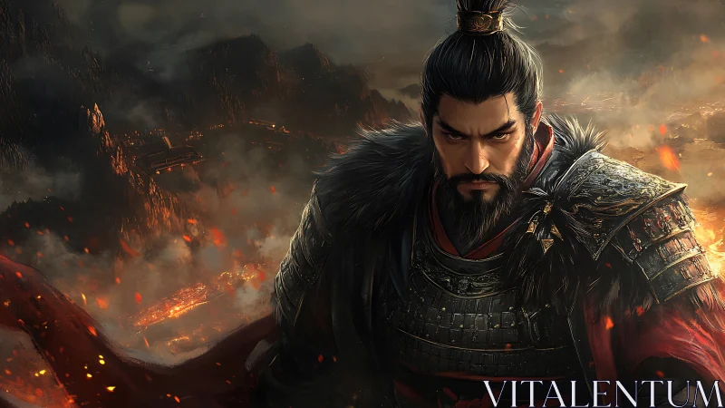 Volcanic warlord in laminated plate armor over burning valley.