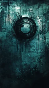 Centrifugal data core embedded in corroded teal substrate.