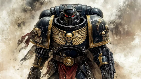 Stoic armored warrior strides through swirling battle smoke.