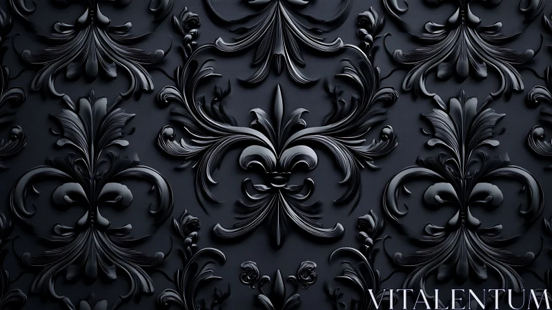 Ornate black baroque floral relief pattern rendered in 3D detail