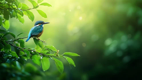 Vibrant kingfisher perched on leafy branch in dreamy sunlight.