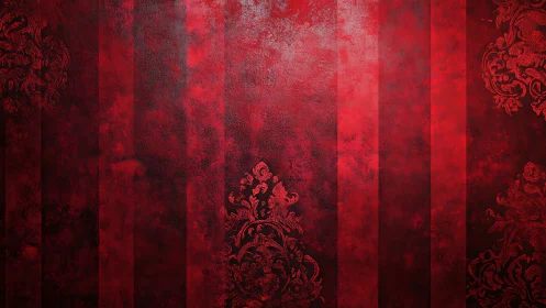 Rich crimson damask wallpaper with textured vertical bands.