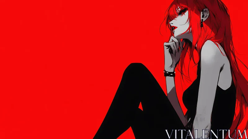 Red haired anime woman in profile against bold red field.