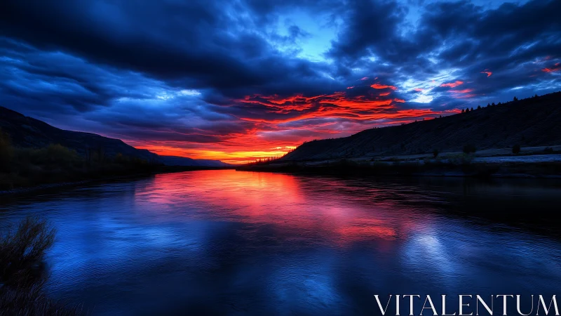Intense blue river at sunset under dramatic red clouds.