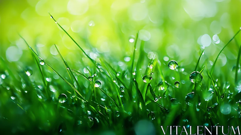 Macro dew droplets on backlit grass blades at sunrise