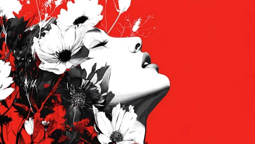 Scarlet daydream muse entwined with blooming monochrome flowers.