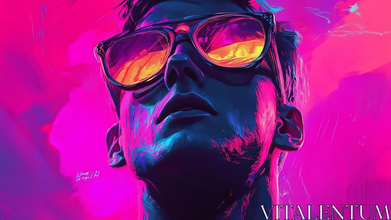 Neon-lit portrait reflects blazing sunset through lenses.