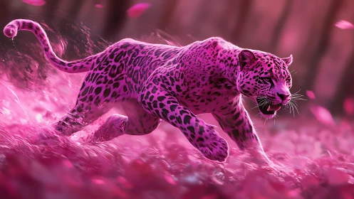 Magenta-rendered leopard in motion across saturated chromatic field