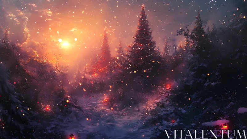 Digital landscape depicting forest clearing with celestial illumination and atmospheric particulates