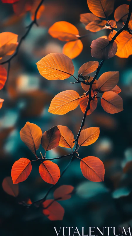 Autumn leaves glow softly against a deep teal forest haze