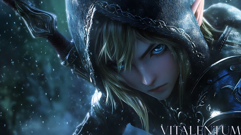 Hooded elven ranger in icy luminance, high-detail digital render.