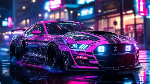 Neon muscle car slices wet cyberpunk city street.