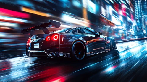 Neon rain racer car slicing through electric city streets.