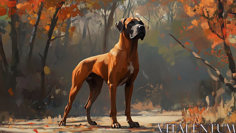 Majestic brown dog standing proud in painterly autumn woods.