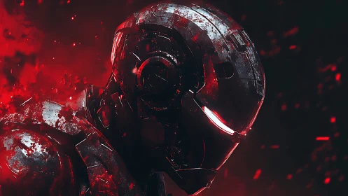 Blood-red warborn android broods in ember-choked darkness.