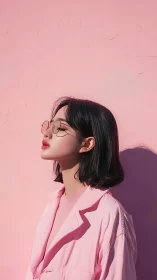 Side profile of woman in pink clothing before pastel wall