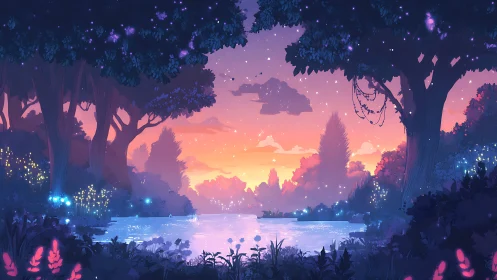 Enchanted forest lake glows softly beneath a dreamlike sunset
