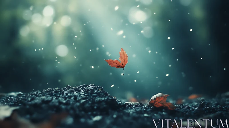 Single red leaf suspended over forest floor in bokeh light.