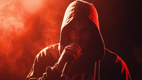 Hooded rapper in moody red backlight on smoky stage.