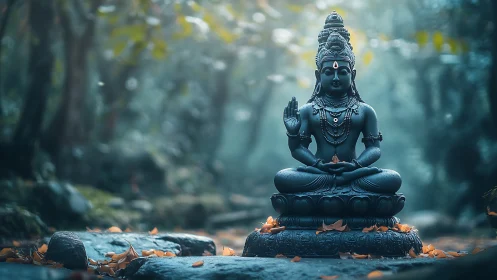 Serene dark stone deity statue seated in misty forest.
