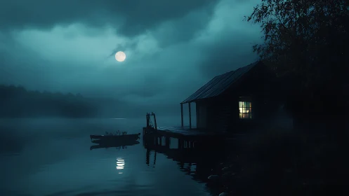 Moonlit lake cabin glows through dense misty night